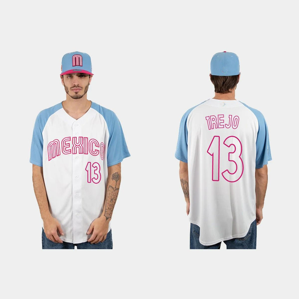 #13 ALAN TREJO MEXICO BASEBALL 2023 WORLD BASEBALL CLASSIC JERSEYC WHITE BLUE Stitches Baseball Jerseys