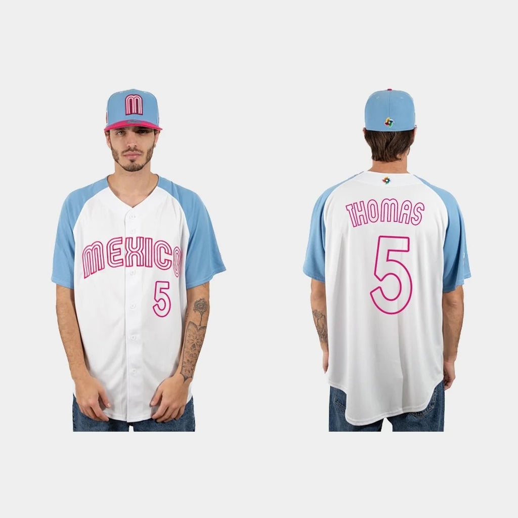 #5 ALEK THOMAS MEXICO BASEBALL 2023 WORLD BASEBALL CLASSIC JERSEYC WHITE BLUE Stitches Baseball Jerseys