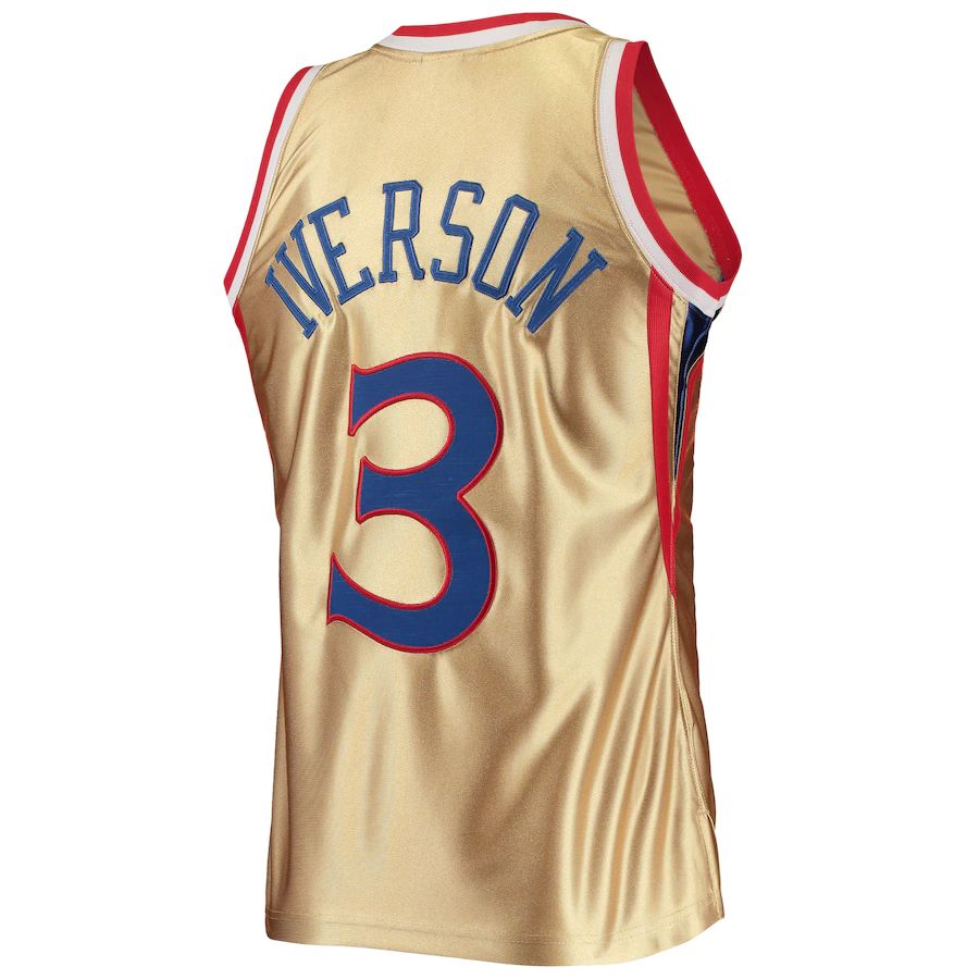 PH.76ers #3 Allen Iverson 75th Anniversary 1996-97 Hardwood Classics Swingman Jersey Gold Stitched American Basketball Jersey