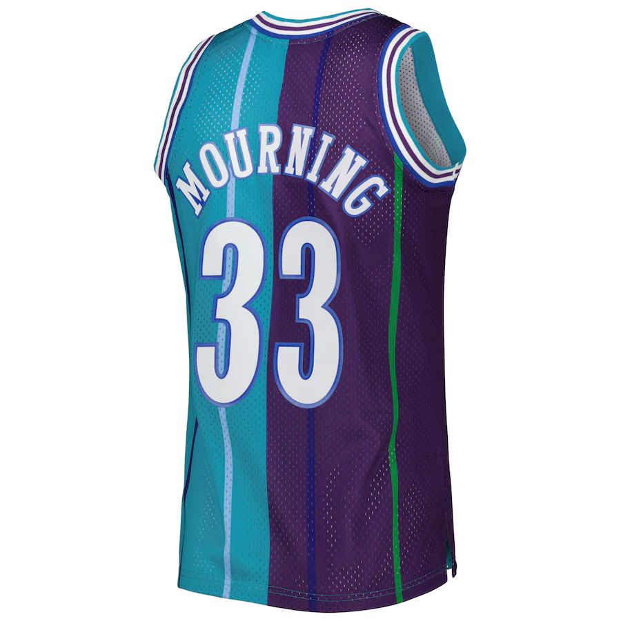 C.Hornets #33 Alonzo Mourning Hardwood Classics 1992-93 Split Swingman Jersey Teal Purple Stitched American Basketball Jersey