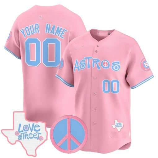 Custom Houston Astros Love Street & Peace Sign Patch Bubblegum Pink Vapor Premier Limited All Stitched Baseball Jersey