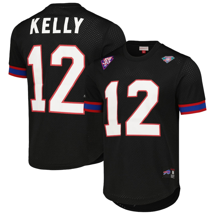 B.Bills #12 Jim Kelly Player Black Replica Name & Number Mesh Football Jerseys