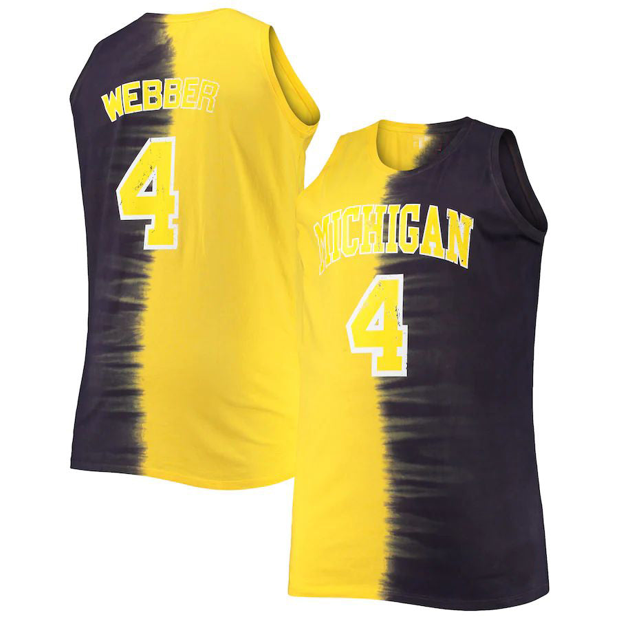 M.Wolverines #4 Chris Webber Big & Tall Player Tie-Dye Jersey Navy Maize Stitched American College Jerseys