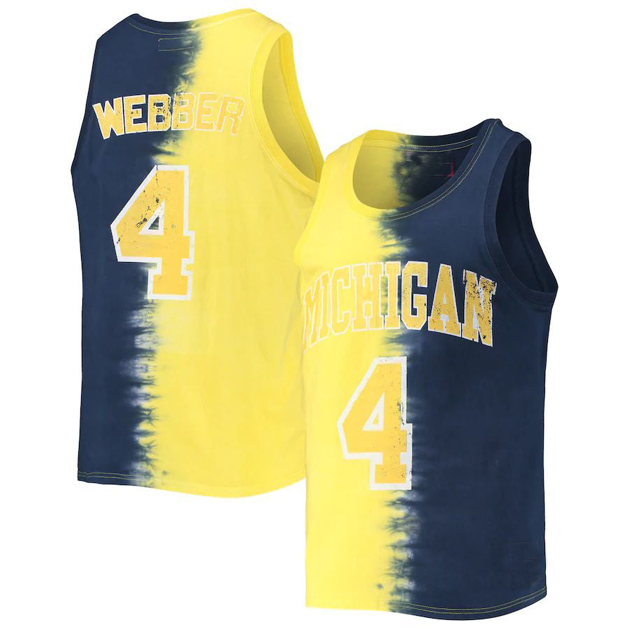 M.Wolverines #4 Chris Webber Name & Number Tie-Dye Tank Top Maize Navy Stitched American College Jerseys