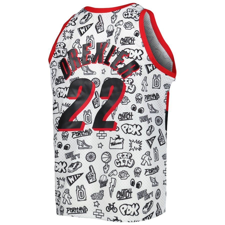 P.Trail Blazers #22 Clyde Drexler 1991-92 Hardwood Classics Doodle Swingman Player Jersey White Stitched American Basketball Jersey