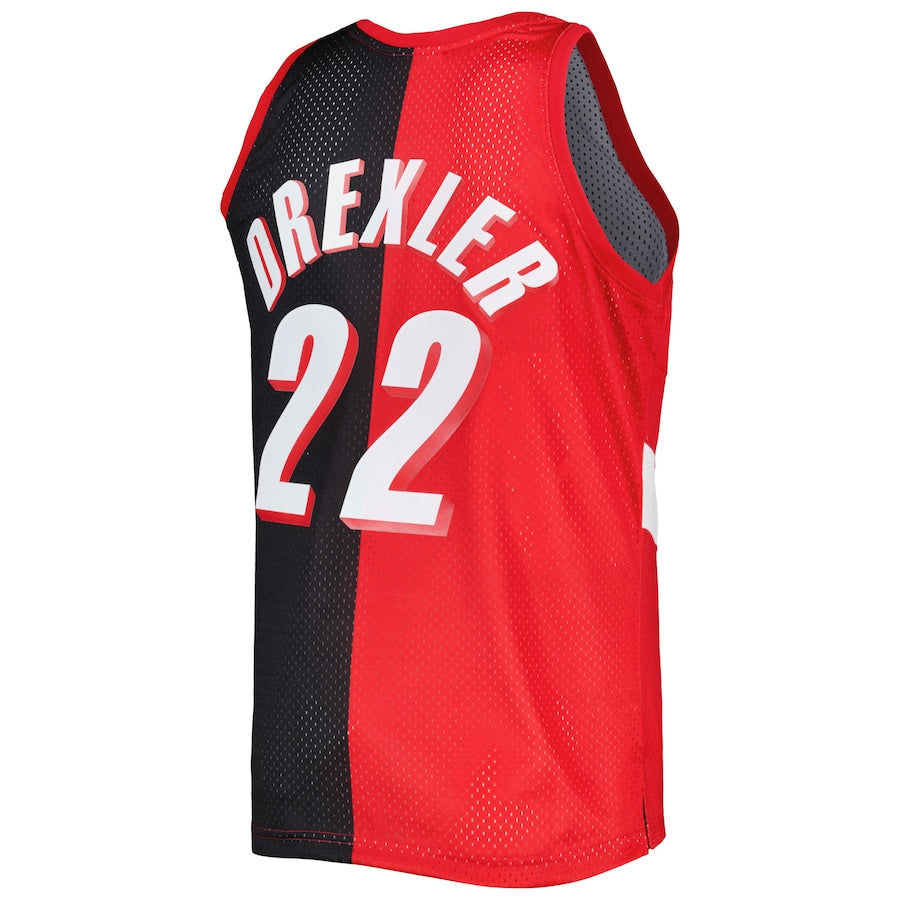 P.Trail Blazers #22 Clyde Drexler Hardwood Classics 1991-92 Split Swingman Jersey Red-Black Stitched American Basketball Jersey