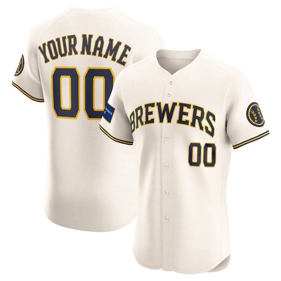 Custom Milwaukee Brewers Home Elite Sponsor Patch Jersey Cream Stitched Baseball Jersey