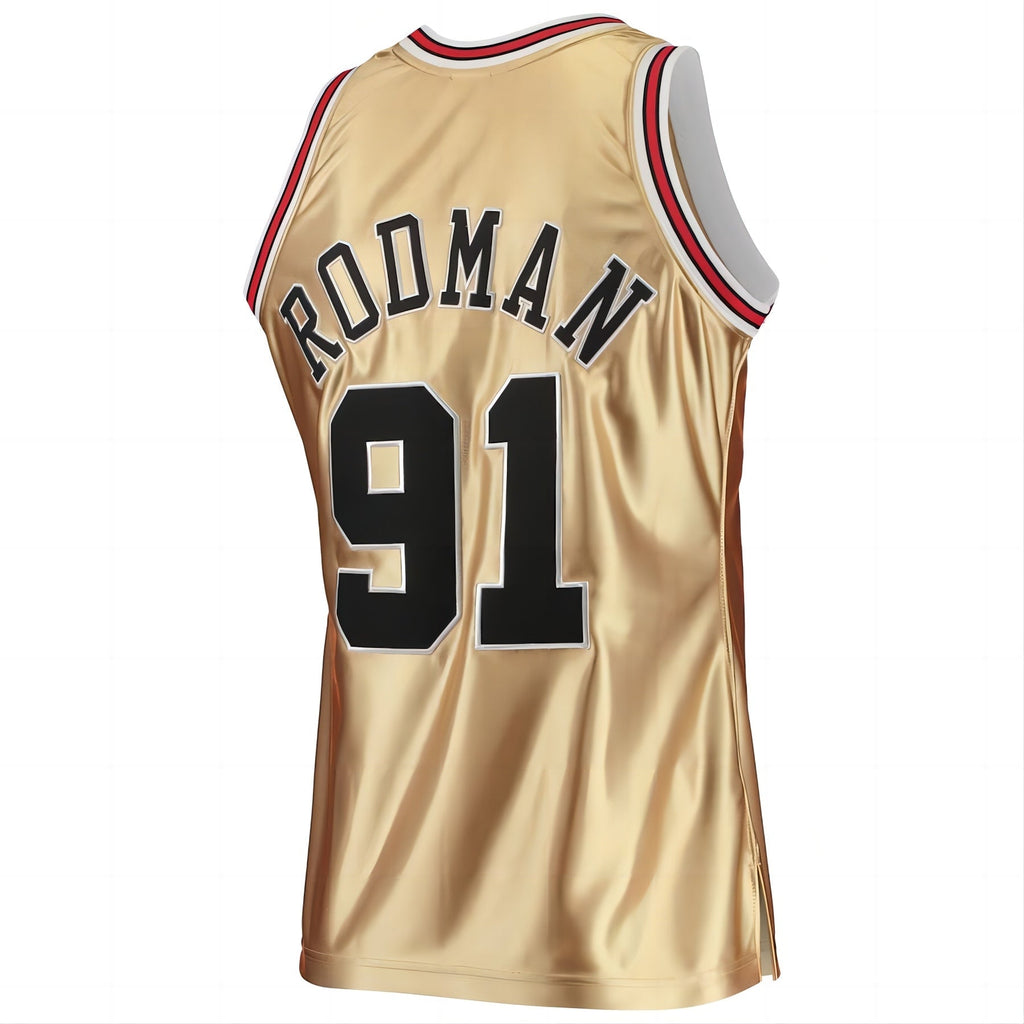 C.Bulls #91 Dennis Rodman 75th Anniversary 1997-98 Hardwood Classics Swingman Jersey Gold Stitched American Basketball Jersey