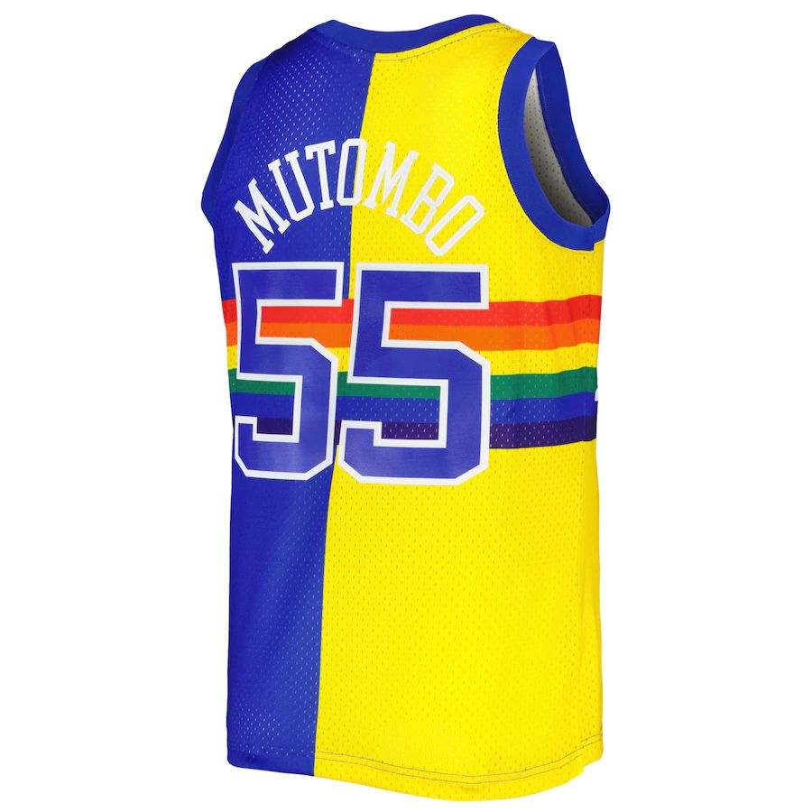 D.Nuggets #55 Dikembe Mutombo Hardwood Classics 1991-92 Split Swingman Jersey Royal Gold Stitched American Basketball Jersey