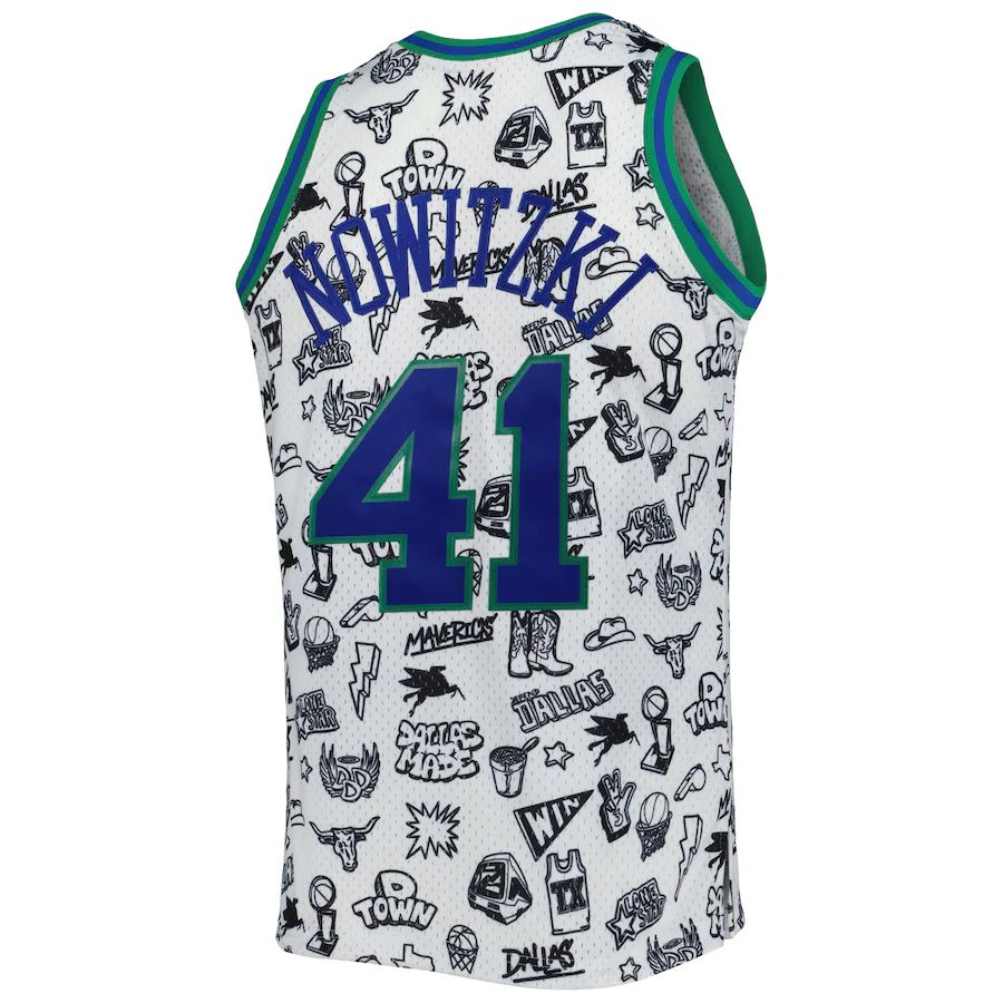 D.Mavericks #41 Dirk Nowitzki 1998-99 Hardwood Classics Doodle Swingman Jersey White Stitched American Basketball Jersey
