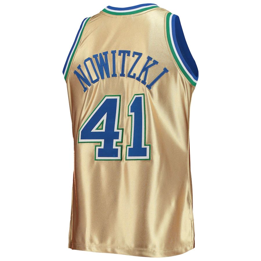 D.Mavericks #41 Dirk Nowitzki 75th Anniversary 1998-99 Hardwood Classics Swingman Jersey Gold Stitched American Basketball Jersey