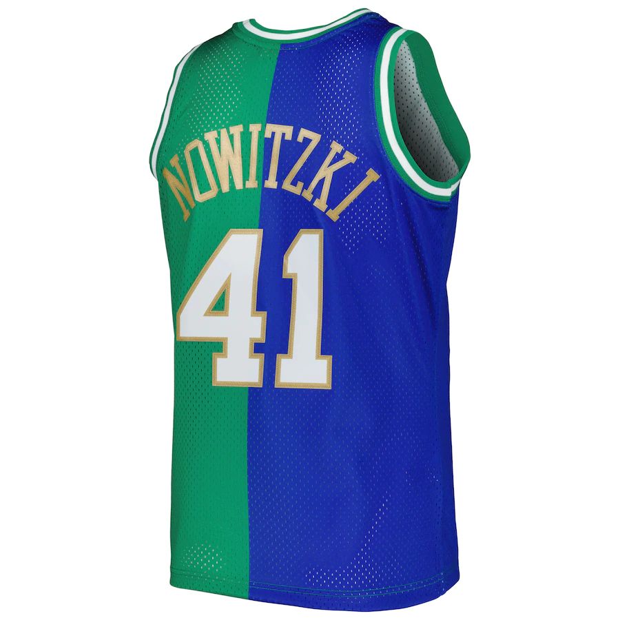 D.Mavericks #41 Dirk Nowitzki Hardwood Classics 1998-2019 Split Swingman Jersey Blue Green Stitched American Basketball Jersey