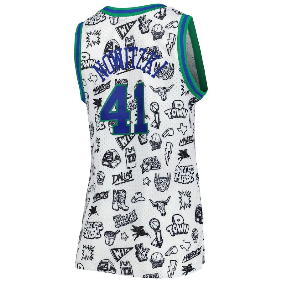 D.Mavericks #41 Dirk Nowitzki Women's 1998 Doodle Swingman Jersey White Stitched American Basketball Jersey