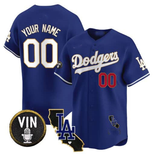 Custom Los Angeles Dodgers Vin & California Patch Gold Trim Vapor Premier Limited All Stitched Baseball Jersey