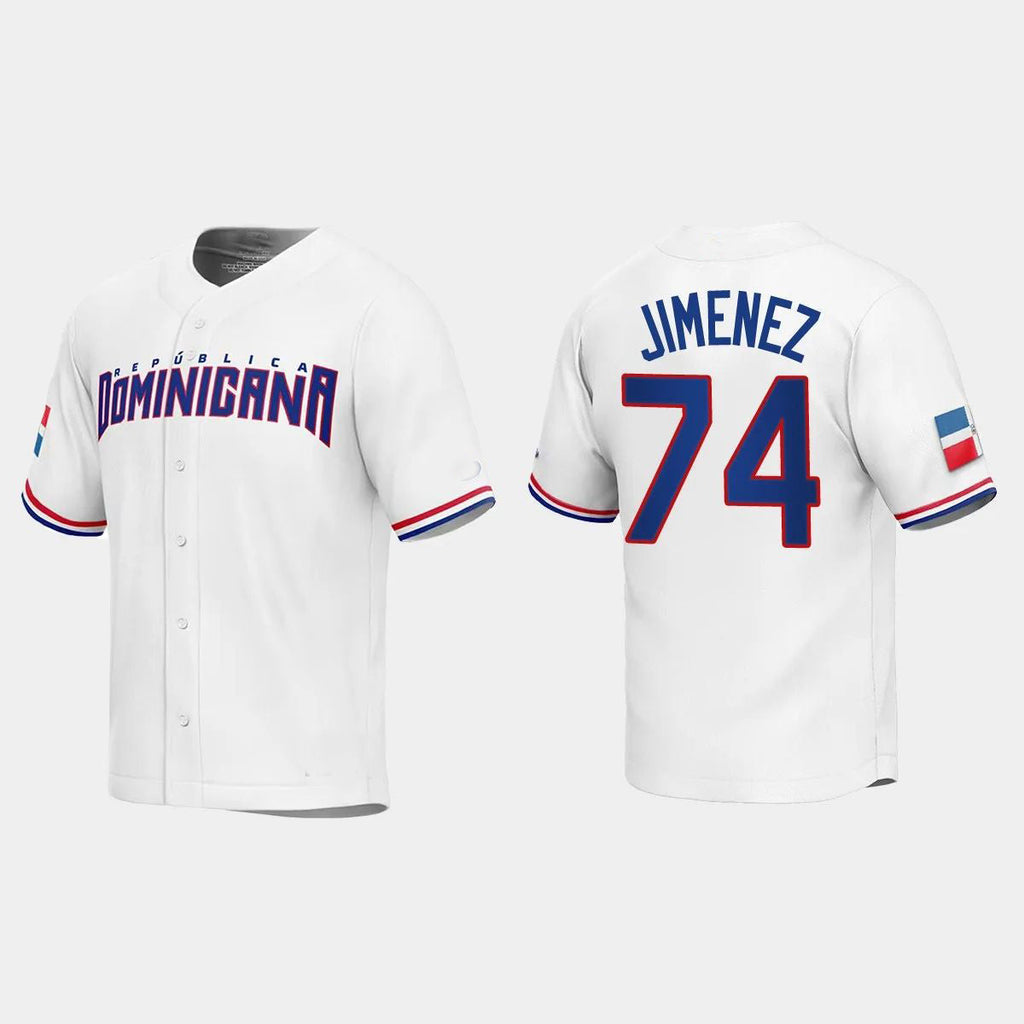 #74 ELOY JIMENEZ DOMINICAN REPUBLIC BASEBALL 2023 WORLD BASEBALL CLASSIC REPLICA JERSEYC WHITE Stitches Baseball Jerseys
