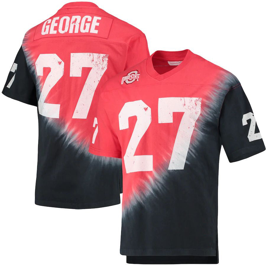 O.State Buckeyes #27 Eddie George Name & Number Tie-Dye V-Neck T-Shirt Black Scarlet Football Jersey Stitched American College Jerseys