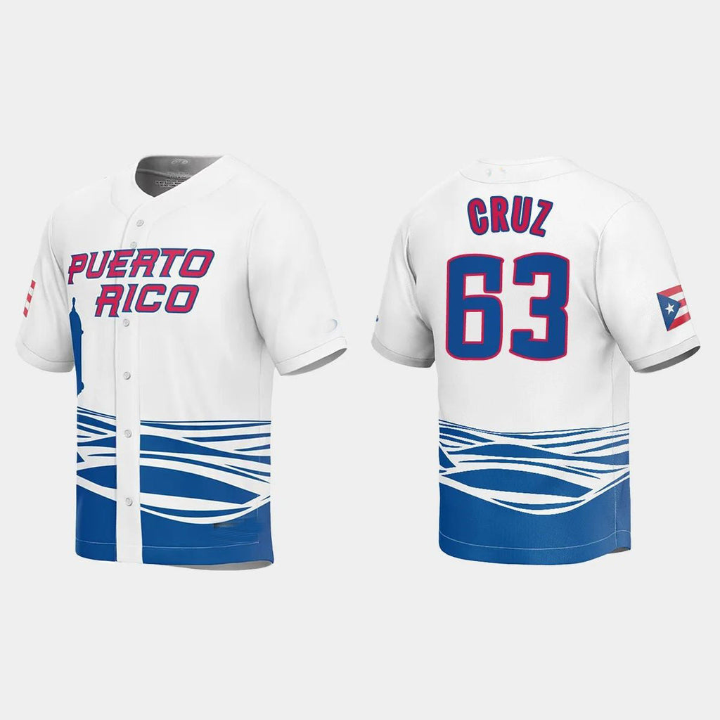 #63 FERNANDO CRUZ PUERTO RICO BASEBALL 2023 WORLD BASEBALL CLASSIC JERSEYC WHITE Stitches Baseball Jerseys