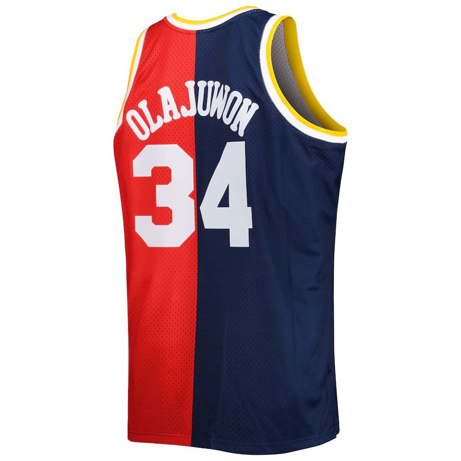 H.Rockets #34 Hakeem Olajuwon Big & Tall Hardwood Classics 1993-94 Split Swingman Jersey Navy Red Stitched American Basketball Jersey