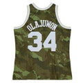 H.Rockets #34 Hakeem Olajuwon Unisex Hardwood Classics 1993-94 Ghost Green Swingman Jersey  Camo Stitched American Basketball Jersey