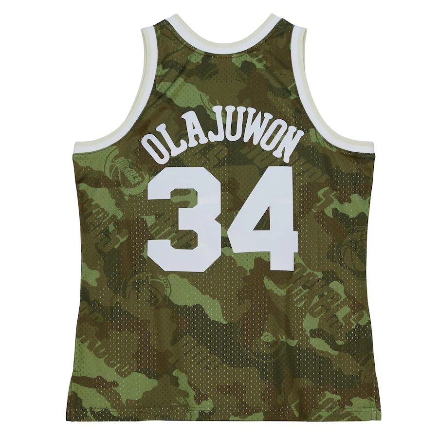 H.Rockets #34 Hakeem Olajuwon Unisex Hardwood Classics 1993-94 Ghost Green Swingman Jersey  Camo Stitched American Basketball Jersey