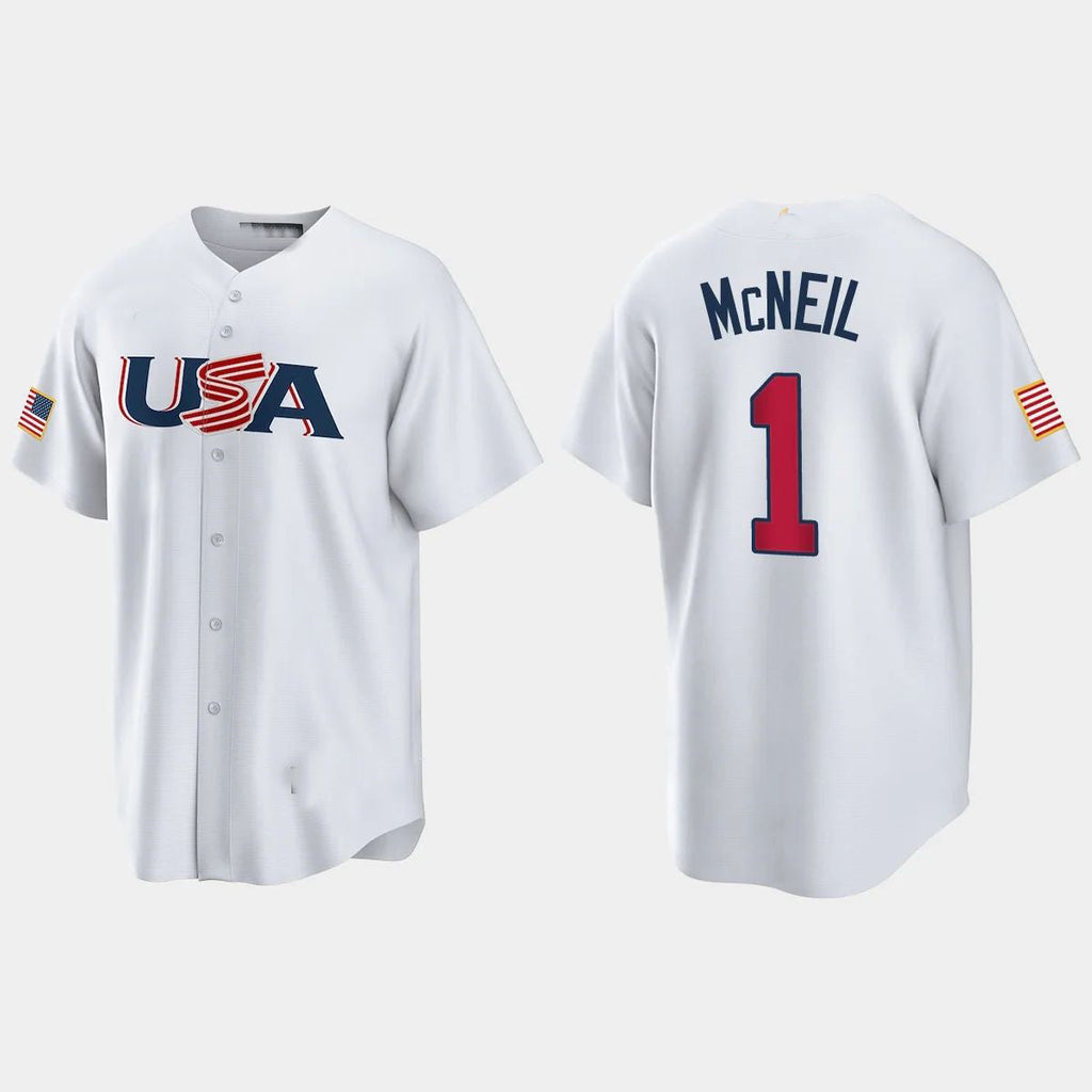#1 JEFF MCNEIL NEW YORK METS 2023 WORLD BASEBALL CLASSIC USA REPLICA JERSEYC WHITE Stitches Baseball Jerseys