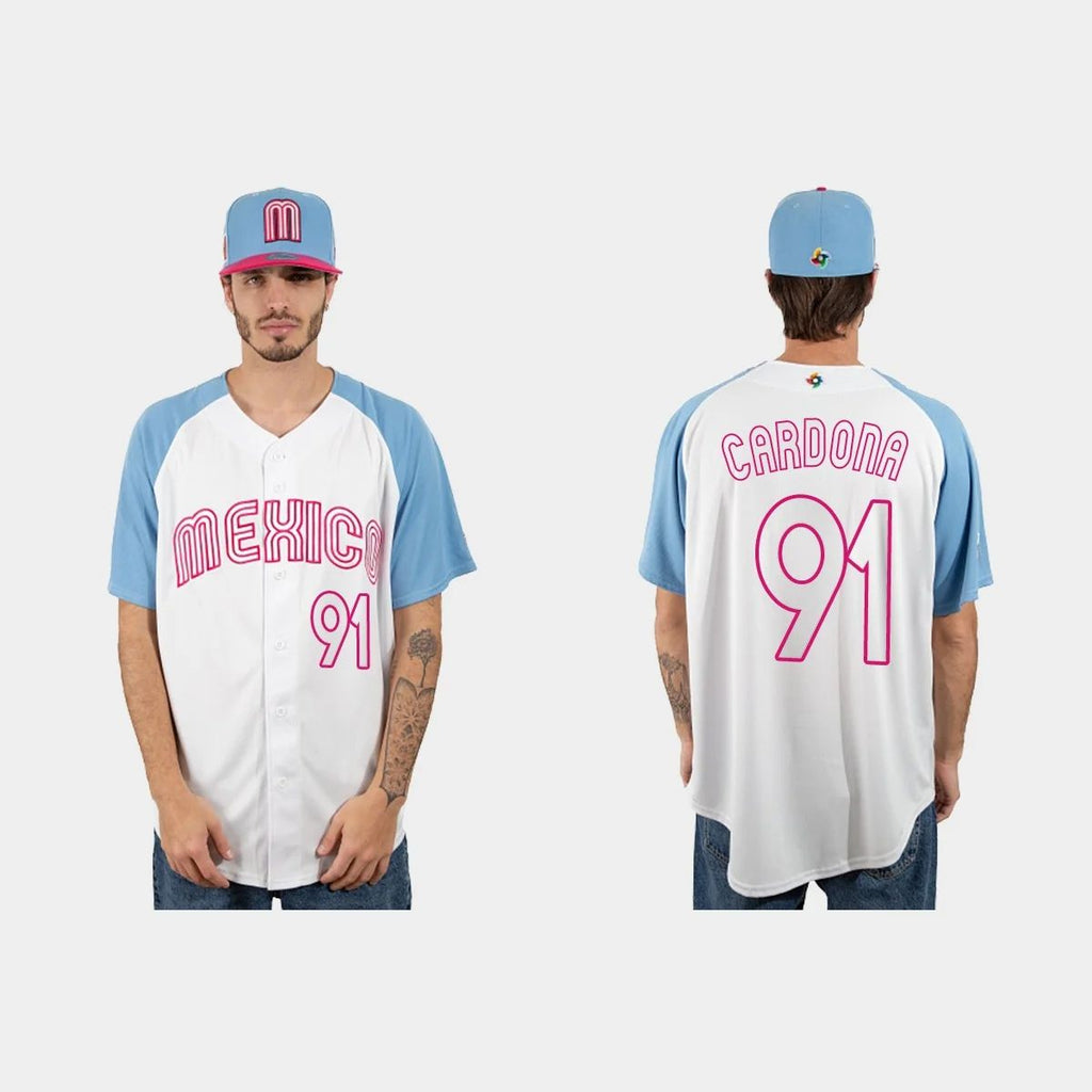#91 JOSE CARDONA MEXICO BASEBALL 2023 WORLD BASEBALL CLASSIC JERSEYC WHITE BLUE Stitches Baseball Jerseys