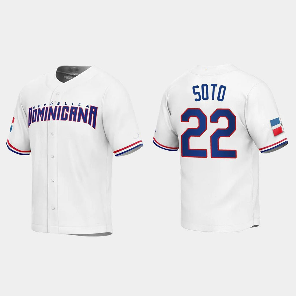 #22 JUAN SOTO DOMINICAN REPUBLIC BASEBALL 2023 WORLD BASEBALL CLASSIC REPLICA JERSEYC WHITE Stitches Baseball Jerseys