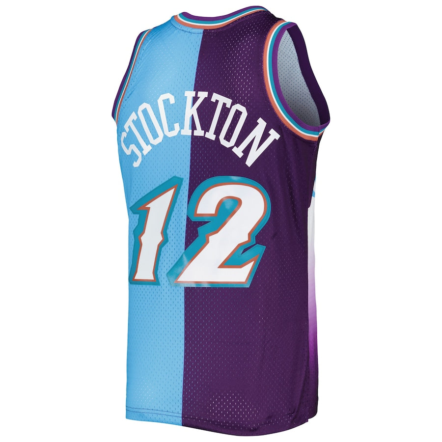 U.Jazz #12 John Stockton Hardwood Classics 1996-97 Split Swingman Jersey Purple-Turquoise Stitched American Basketball Jersey
