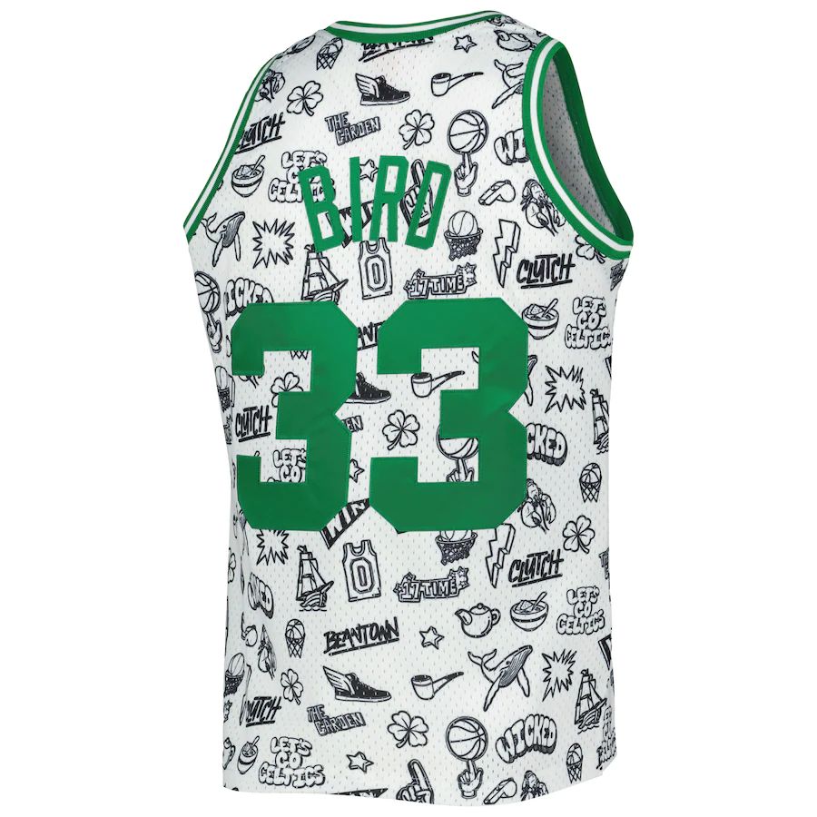 B.Celtics #33 Larry Bird 1985-86 Hardwood Classics Doodle Swingman Jersey White Stitched American Basketball Jersey