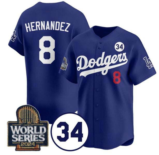 Los Angeles Dodgers #8 Enrique Hernndez Royal 2024 World Series With No. 34 Patch Limited Stitched Baseball Jersey