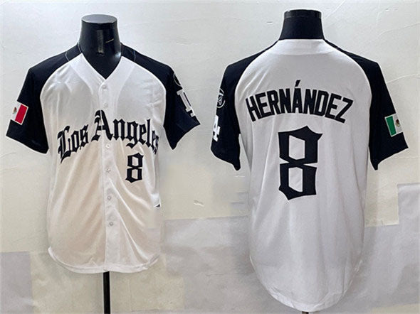 Los Angeles Dodgers #8 Enrique Hernndez White Black Mexico 2025 LA Gothic Style With Fernando Patch Vapor Premier Limited Stitched Baseball Jersey