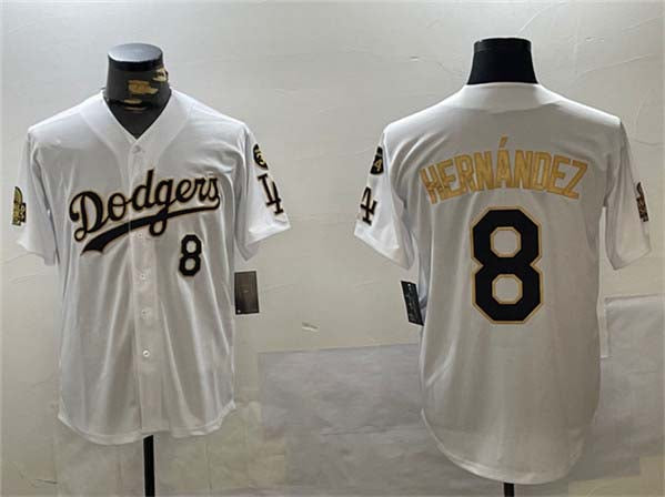 Los Angeles Dodgers #8 Enrique Hernndez White Gold 2024 World Series With Fernando Memorial Patch Home Limited Stitched Baseball Jersey