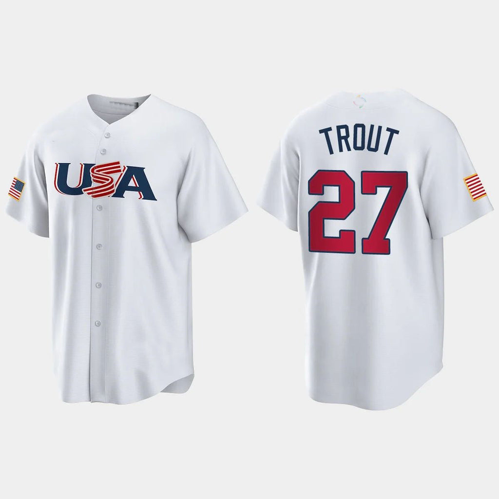 #27 MIKE TROUT LOS ANGELES ANGELS 2023 WORLD BASEBALL CLASSIC USA REPLICA JERSEYC WHITE Stitches Baseball Jerseys