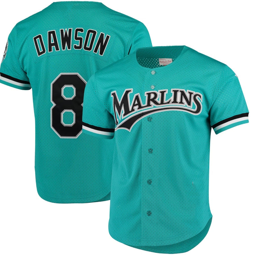 Miami Marlins #8 Andre Dawson Cooperstown Collection Mesh Batting Practice Button-Up Jersey - Teal Stitched Baseball Jersey