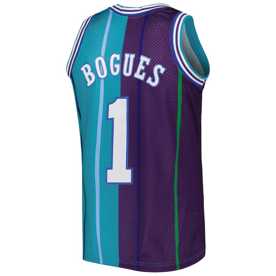 C.Hornets #1 Muggsy Bogues Hardwood Classics 1992-93 Split Swingman Jersey Teal Purple Stitched American Basketball Jersey