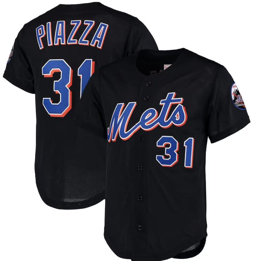 New York Mets #31 Mike Piazza Black Cooperstown Collection Mesh Batting Practice Button-Up Jersey Baseball Jerseys