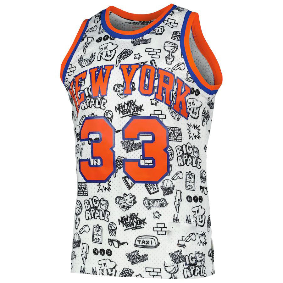 NY.Knicks #33 Patrick Ewing 1991-92 Hardwood Classics Doodle Swingman Jersey White Stitched American Basketball Jersey