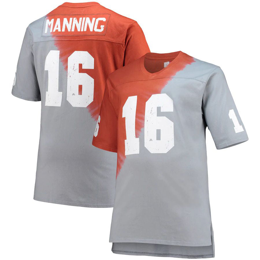 T.Volunteers #16 Peyton Manning Name & Number Tie-Dye V-Neck T-Shirt Gray Tennessee Orange Stitched American College Jerseys