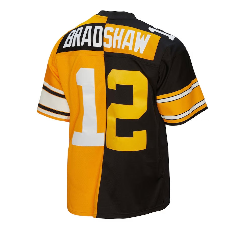 P.Steelers #12 Terry Bradshaw 1976 Split Legacy Replica Player Jersey - Black/Gold Stitched American Football Jerseys