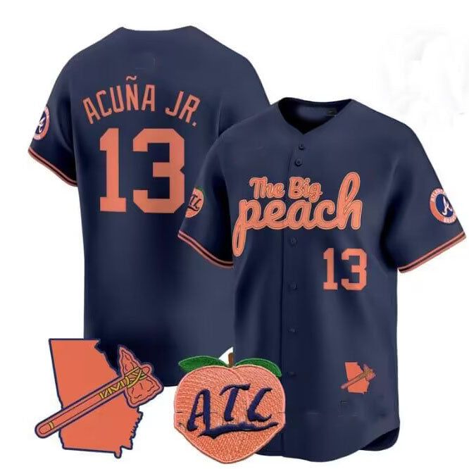 Atlanta Braves #13 Ronald Acua Jr. NavyThe Big Peach Vapor Stitches Baseball Jersey