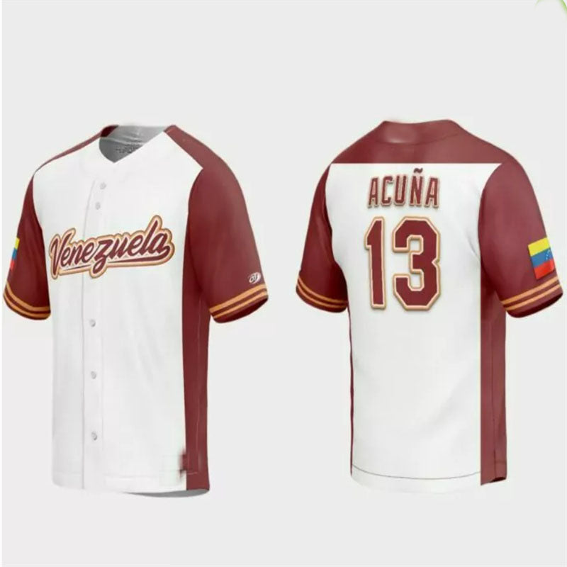 #13 Ronald Acuna Jr. Venezuela Baseball 2023 World Baseball Classic Replica Jersey C White Burgundy Stitches Baseball Jerseys
