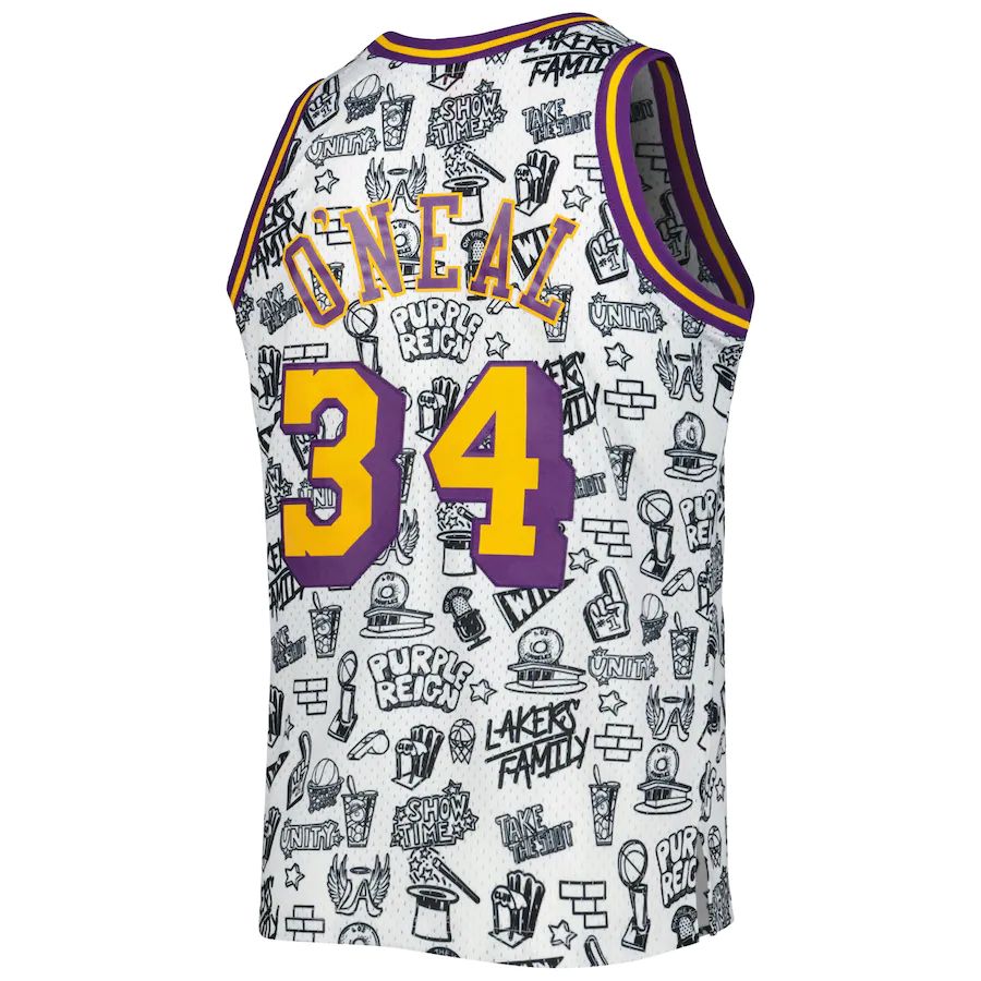 LA.Lakers #34 Shaquille O'Neal 1996-97 Hardwood Classics Doodle Swingman Jersey White Stitched American Basketball Jersey