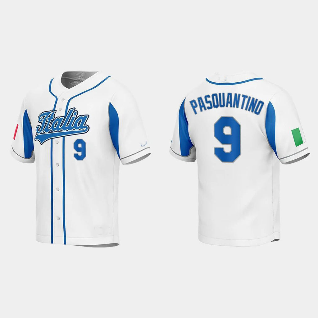 #9 VINNIE PASQUANTINO ITALY BASEBALL 2023 WORLD BASEBALL CLASSIC JERSEY C WHITE Stitches Baseball Jerseys