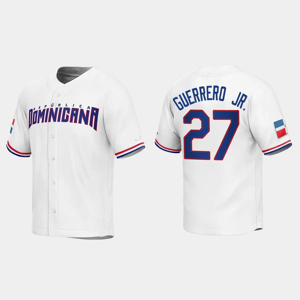 #27 VLADIMIR GUERRERO JR. DOMINICAN REPUBLIC BASEBALL 2023 WORLD BASEBALL CLASSIC REPLICA JERSEY C WHITE Stitches Baseball Jerseys