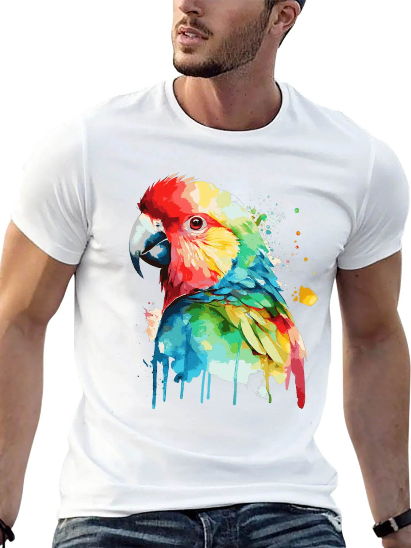 Colorful Parrot Graphic Black T-Shirt