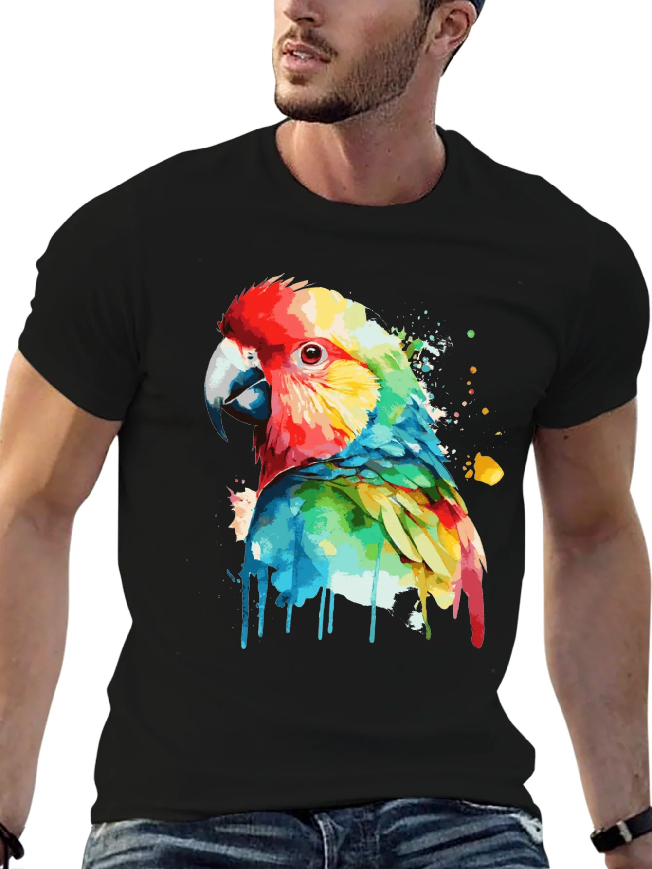 Colorful Parrot Graphic Black T-Shirt