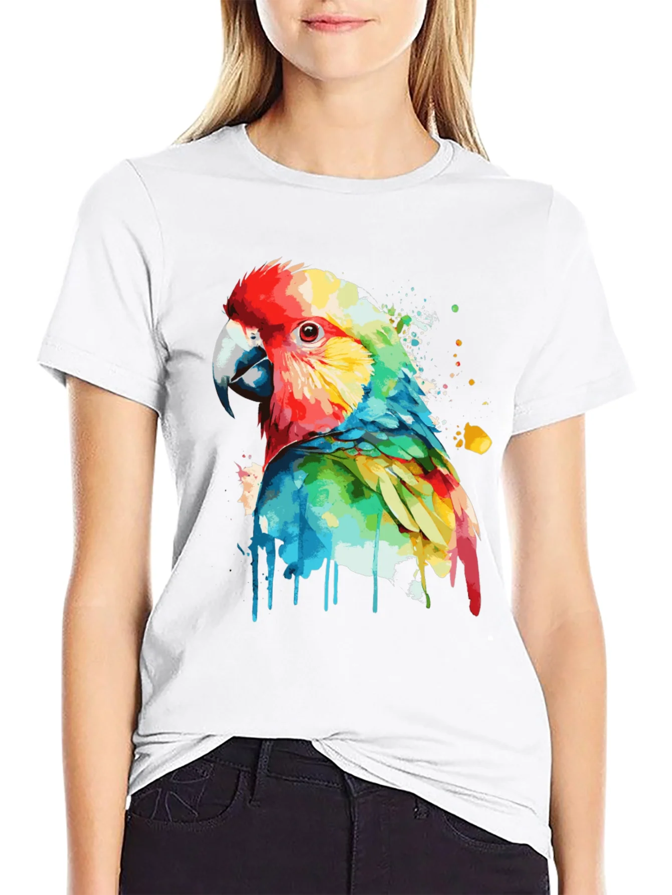 Colorful Parrot Graphic Black T-Shirt