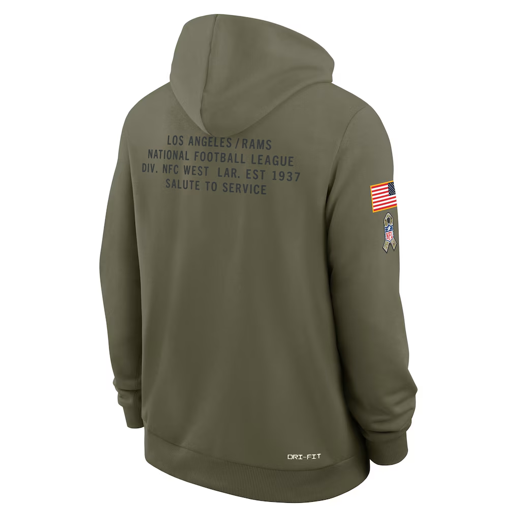 Men's Los Angeles Rams Nike Olive 2025 Salute to Service Sideline Standard Issue Dri-FIT Hoodie
