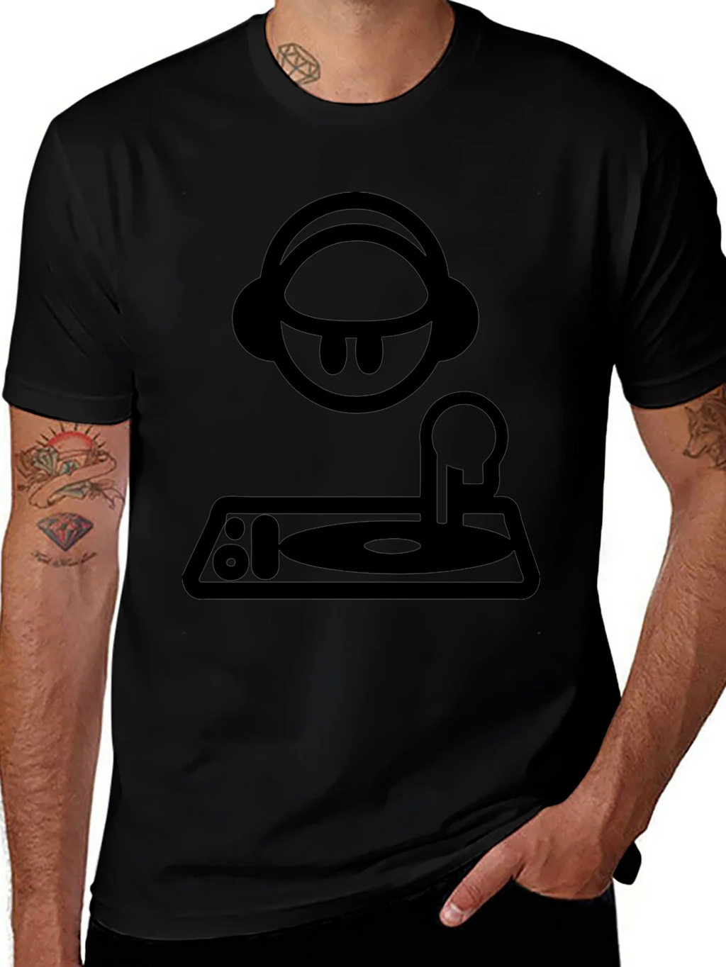DJ Cartoon Graphic Tee - Black Crew Neck T-Shirt